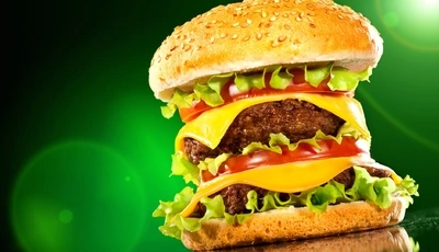 Картинка: Гамбургер, котлета, помидоры, сыр, лук, зелень