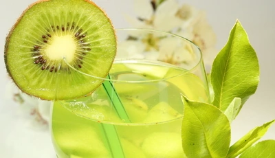 Image: Коктейль, киви, зелёный, напиток, бокал, соломка, листья