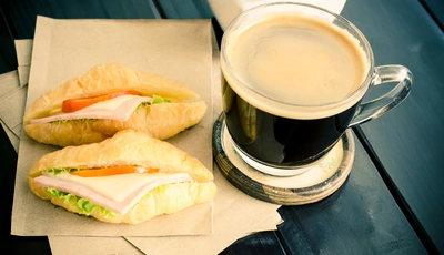 Картинка: Сэндвич, два, кружка, завтрак
