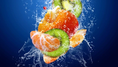 Image: Фрукты, дольки, киви, мандарин, апельсин, вода, брызги, погружение, синий фон