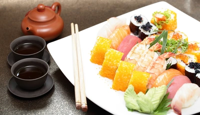 Image: Rolls, sushi, sauce, seafood, Japanese cuisine, sticks, drink