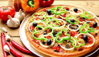 Image: Пицца, перец, оливки, лук, жгучий перец, чеснок, помидор