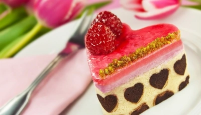 Image: Dessert, cake, sweet, raspberry, berries, chocolate hearts