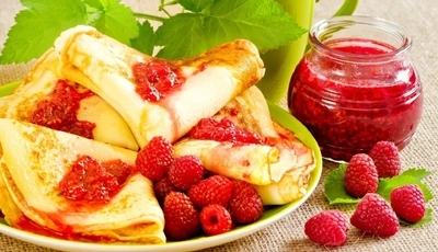 Image: Вкусно, варенье, малина, ягоды, блины, зелень