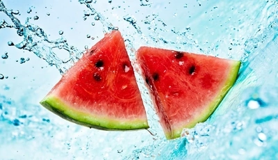 Image: Slices, watermelon, red, drops, water, spray