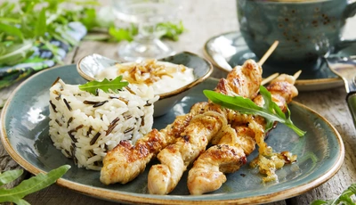 Image: Шашлык, мясо, рис, зелень, барбекю