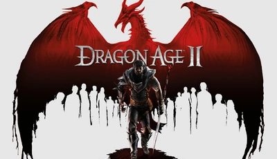 Image: Dragon Age 2, дракон, крылья, воин, копьё, белый фон, силуэты