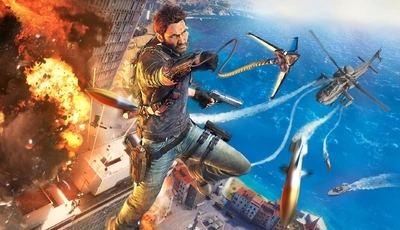 Image: Just Cause 3, главный герой, персонаж, мужчина, пистолет, снаряжение, вертолёт, ракеты, взрыв, здания, вода, высота
