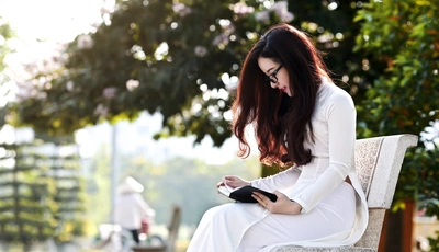 Image: Girl, Park, reading, book, bench, brunette, asian, day, mood, glasses, hair