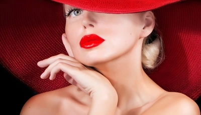 Image: Blonde, face, look, lashes, makeup, red lipstick, hat, style