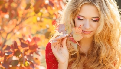 Image: Girl, blonde, makeup, eyelashes, face, fall, foliage