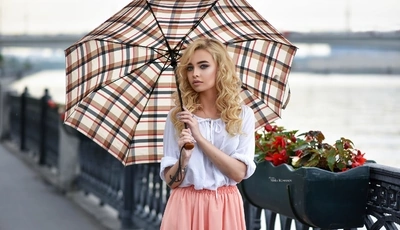 Image: Girl, blonde, umbrella, flowers, bridge, railing, Maks Romanov