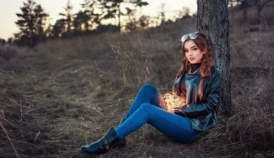 Image: Girl, forest, photo shoot, sunglasses, jacket, sitting, tree, lights