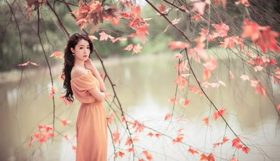 Image: Девушка, азиатка, длинные волосы, платье, река, вода, ветки, листья
