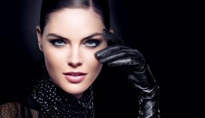 Image: Girl, model, brunette, face, makeup, eyebrows, eyes, eyelashes, lips, scarf, glove