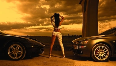 Image: Girl, back, worth, Mitsubishi, Ferrari, cars, sunset, sky, clouds, horizon