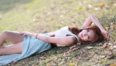 Image: Девушка, азиатка, лежит, взгляд, земля