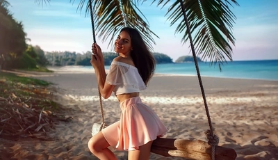 Image: Galina Dubenenko, model, figure, girl, smile, mood, posing, sea, swing
