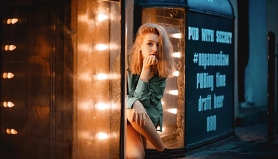 Image: Blonde, girl, model, sitting, street, town