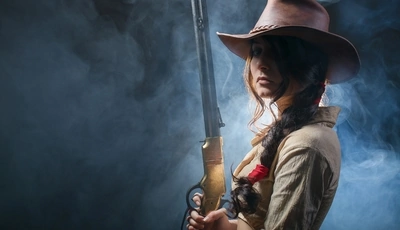 Image: Девушка, оружие, винчестер, ковбойская шляпа, косичка, взгляд, брюнетка, дым, вестерн, стиль, запад