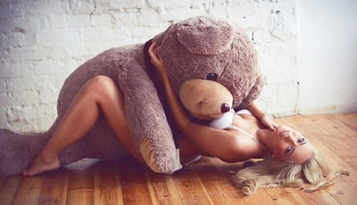 Image: Blonde, lies, floor, parquet, bear, toy, big bear, hug