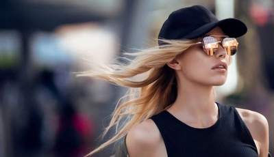 Image: Blonde, girl, hat, glasses, shirt, wind