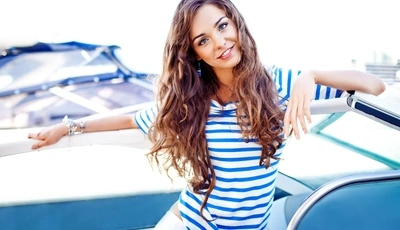 Image: Anna Konchakovskaya, model, girl, smile, long hair, sailor, vest, boat
