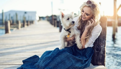 Image: Girl, blonde, dog, smile, mood, glasses, pier