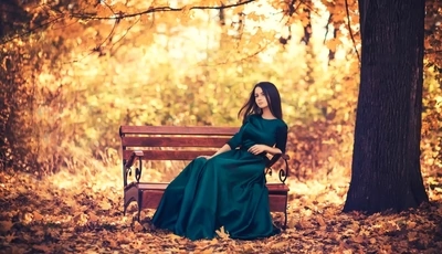 Image: Девушка, брюнетка, платье, осень, листья, дерево, парк, скамейка, сидит