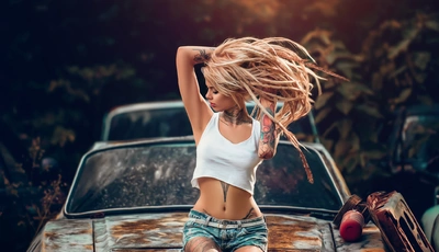 Image: Girl, blonde, tattoo, posing, car, old, rusty, nature