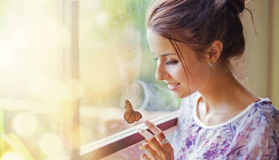 Image: Девушка, профиль, улыбка, настроение, бабочка, окно
