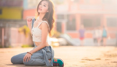 Image: Girl, Chole Leung, Asian, sitting, look, hair, jeans, sneakers, blurred plan