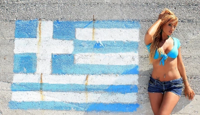 Картинка: Эшли Булгари, Ashley Bulgari, девушка, блондинка, текстура, стена, флаг, Греция, рисунок