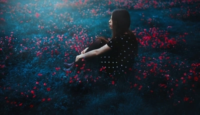 Image: Девушка, сидит, красные цветочки, поляна, трава, настроение