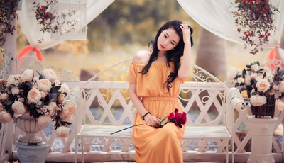 Image: Девушка, азиатка, платье, сидит, цветы, роза, скамейка