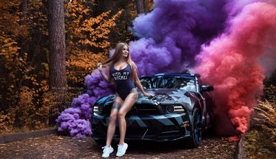 Image: Mila Skidanchuk, photographer, girl, tattoo, auto, tuning, forest, autumn, smoke bombs