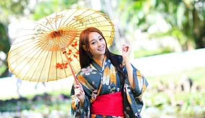 Image: Девушка, азиатка, кимоно, зонтик, улыбка