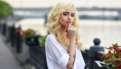 Image: Girl, blonde, tattoo, look, hair, bridge, railing, river, blur, Maks Romanov