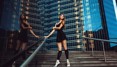 Image: Ballerina, standing, stairs, buildings, skyscrapers, stairs, pose, stand, pointe shoes, dress, legs, posing, railing, holding