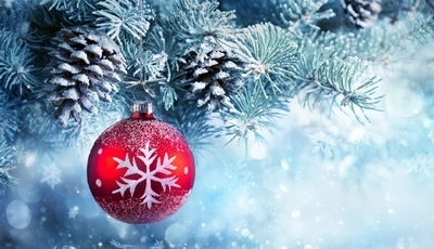Image: new year, balls, decoration, snowflake, tree, cones