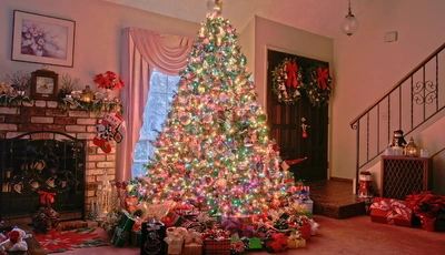Image: Christmas, tree, beautiful, holiday, decoration, decor, gifts, garland, light, fireplace, house