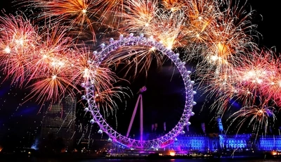 Image: Fireworks, Ferris wheel, city, London, night