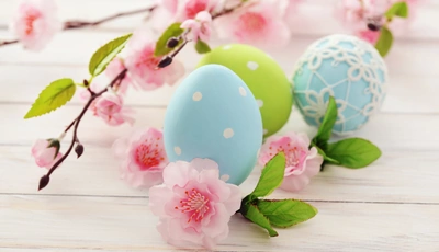 Image: Пасха, яйца, цветные, крашеные, ветки, цветы, розовый, голубой, зелёный