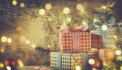 Image: New year, Christmas, gifts, boxes, glare, branch, fir tree, balls