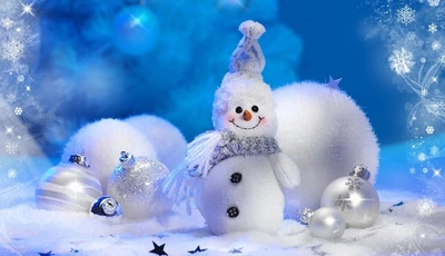 Image: Снеговик, снег, шары, снежинки, новый год, шарф, пуговицы, улыбка