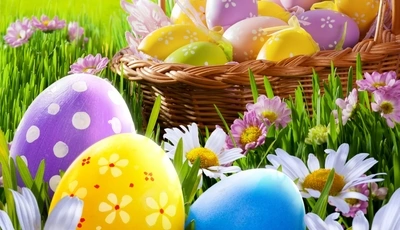 Image: Basket, Easter, eggs, flowers, grass, ribbon