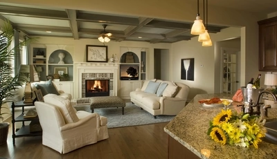 Image: Гостиная, комната, декор, камин, огонь, светильники, ковёр, диван, кресло, подсолнухи