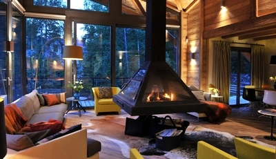 Image: Fireplace, curtain, fire, window, room, light, furniture