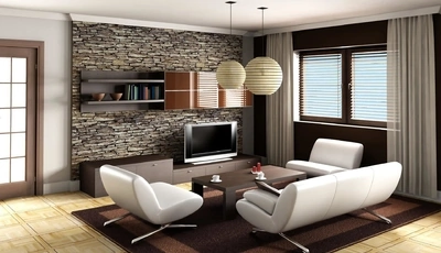 Картинка: Комната, телевизор, палас, люстры, диван, окно, коричневый дизайн