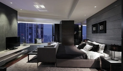 Image: Спальня, кровать, окно, торшер, телевизор, ковёр, дизайн, стиль, хай-тек